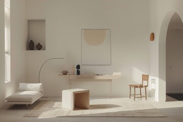 A white room with a couch, chair, and a desk. The room is very clean and simple, with a white color scheme