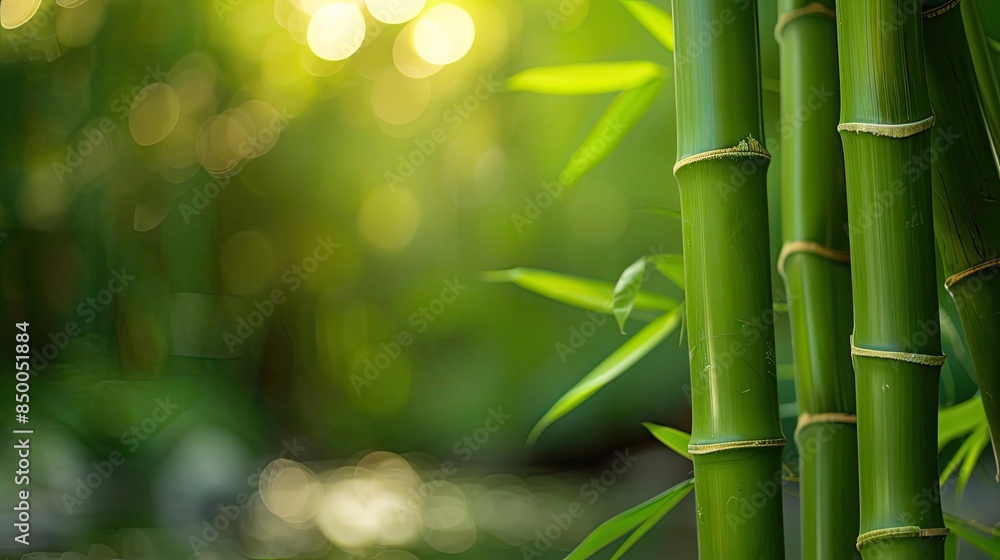 Aufkleber close-up of green bamboo stalks in a serene forest with sunlight filtering through leaves in the bac