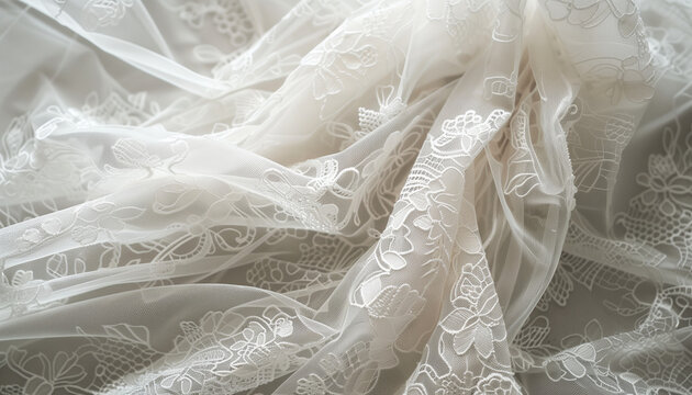 Delicate Bridal Lace: Close-Up Elegance in White - Intricate Patterns, Minimal Backdrop - Classic Wedding Fabric - Stunning Lace Texture - Perfect for Wedding Invitations