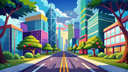 Busy summer street, a road flanked by skyscrapers and trees, straight and bottom view vector illustration