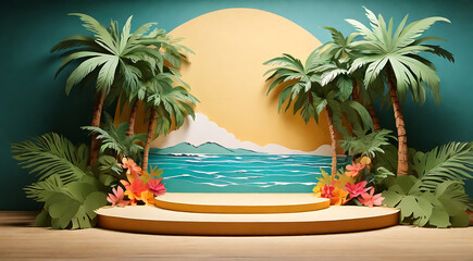 Fototapeta premium A Tropical product placement podium stage with summer beach palm tree around the podium made up of paper cut out. 