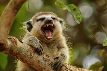 Fototapeta premium Laughing meerkat perched on a tree branch, capturing a joyful and playful moment in its natural habitat, showcasing the charm and character of this delightful creature