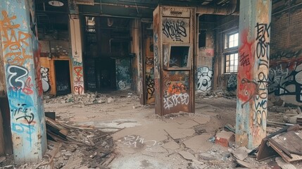 Obraz premium Rusted elevator shaft in a desolate building, with graffiti-covered walls and debris scattered around, telling stories of abandonment