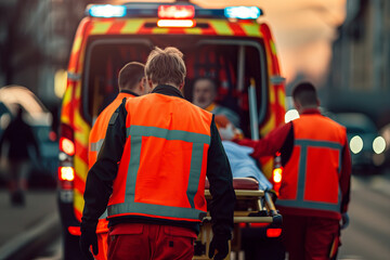 Obraz premium Paramedics transporting an emergency patient on a stretcher to the ambulance