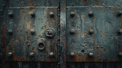 Submarine's heavy metal door, close view, shadows highlighting the texture, cold steel with signs of oxidation