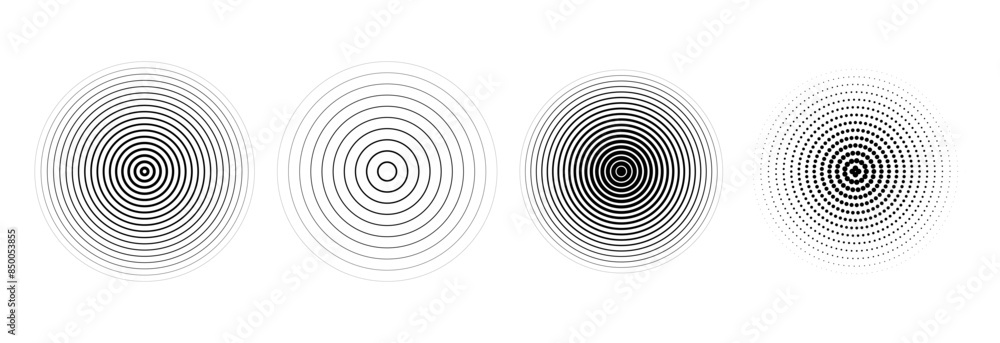 Aufkleber black radial circle set. sonar or sound wave ring collection. halftone and linear epicentre, target,