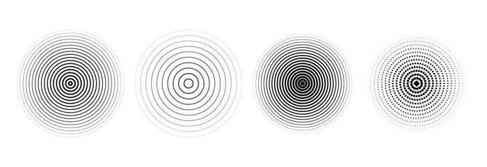 Black radial circle set. Sonar or sound wave ring collection. Halftone and linear epicentre, target, radar icon concept. Ripple concentric signal or vibration elements. Vector line and dotted symbols