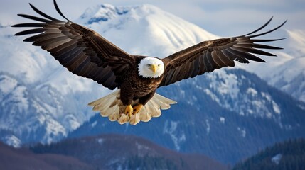 Naklejka premium A bald eagle, its wings outstretched, soaring effortlessly above a snow-capped mountain peak, 