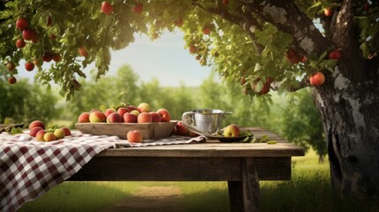Fototapeta premium wooden picnic table under a shady tree, 