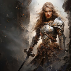 Beautiful warrior girl in style of combat fantasy. Pencil and watercolor drawing.