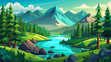 Beautiful panoramic view of the lush summer forest with spruce and pine trees, mountains, and lake