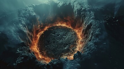 Top-down perspective of a massive crater, vibrant magical light emanating, creating a stark contrast with the dark ground, surreal vibe