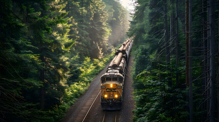 Fototapeta premium A train is traveling through a forest with trees and logs on the tracks
