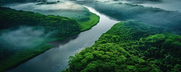 Aerial view of lush rainforest and winding river with morning mist, showcasing nature's beauty and tranquility.