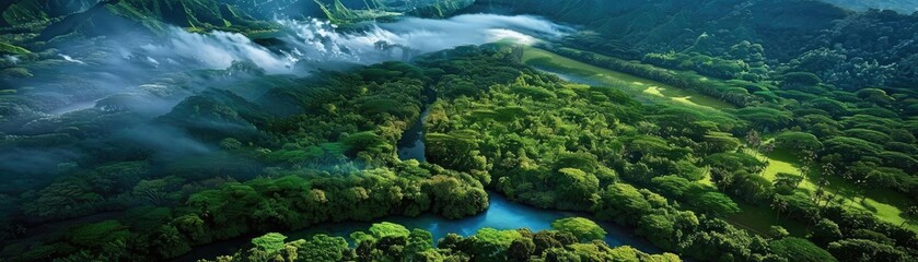 Obraz premium A stunning aerial view of a lush green rainforest with a river and dense tree canopy, surrounded by mountains and misty atmosphere.