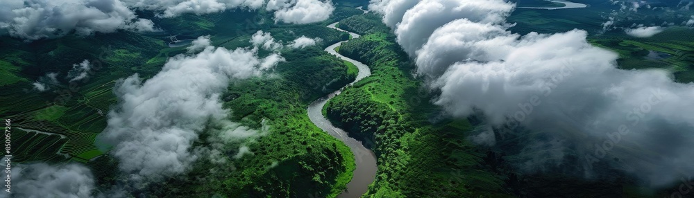 Poster aerial view of a winding river cutting through a lush, green rainforest, surrounded by clouds and un