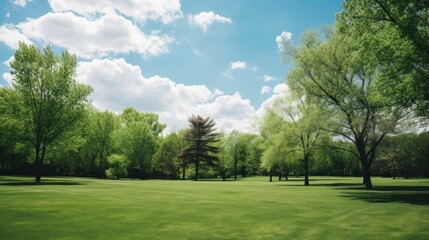 Fototapeta premium spring nature with a neatly trimmed lawn surrounded by trees 