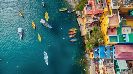 Obraz premium A group of colorful boats are floating in the water near a city. The boats are of various sizes and colors, creating a lively and vibrant scene. The water appears calm and peaceful