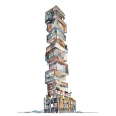 Watercolor painting of a nomadic skyscraper capable of moving across landscapes, on isolated white background, Generative AI
