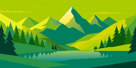 Fototapeta premium The charm of a mountain range and river highlights the breathtaking natural scenery whimsically.