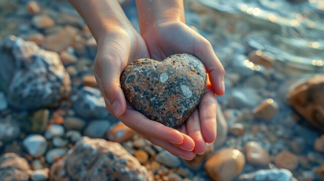 Two hands gently hold a heart-shaped stone with a background of pebbles and water. Symbol of love, nature, and tranquility.