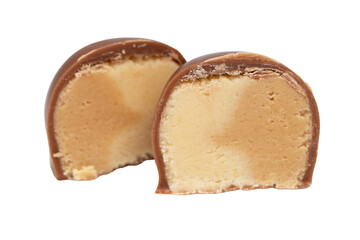 chocolate candies with marzipan isolated on white background