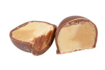 chocolate candies with marzipan isolated on white background