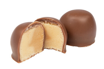 chocolate candies with marzipan isolated on white background