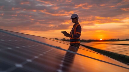 Engineer walks on the roof of a house with solar panels 