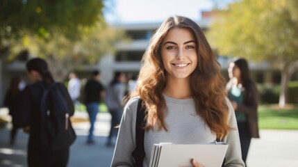 Happy female student looking at the camera smiling 