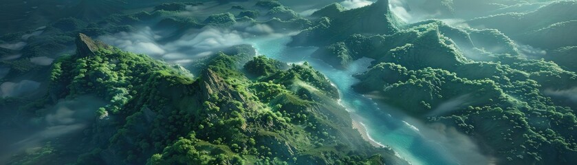 Aerial view of a lush green tropical forest with winding river and mist-covered mountains, creating a serene and mystical landscape.
