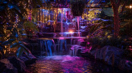 Ethereal double exposure merging ethereal party lights with cascading waterfalls for a magical outdoor party atmosphere