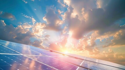 Obraz premium Solar panels against a bright animated cloud sky background. 