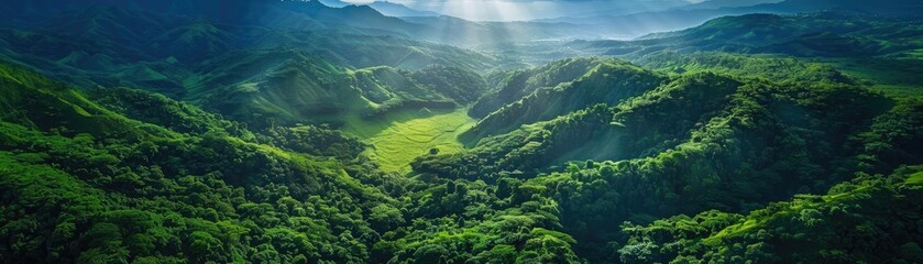 Fototapeta premium A breathtaking aerial view of lush green mountains and valleys bathed in sunlight, showcasing the beauty of nature and scenic landscapes.