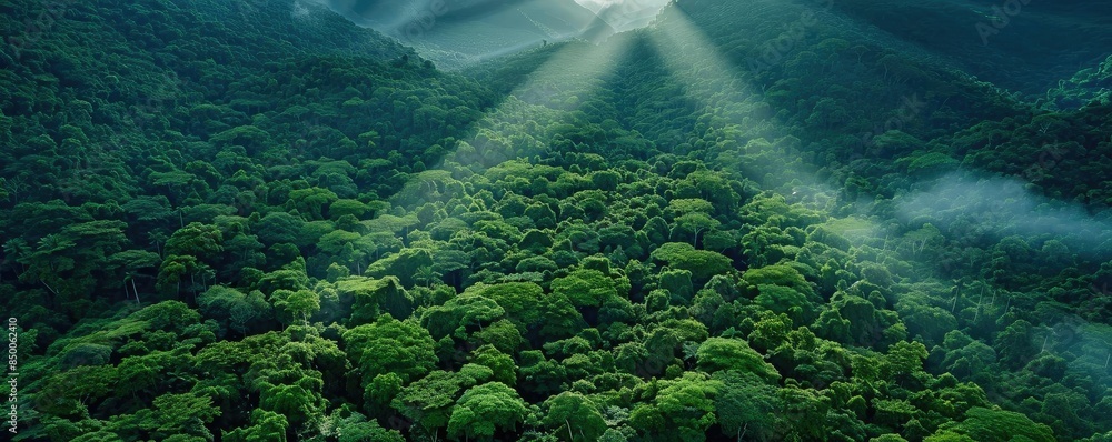 Poster aerial view of a lush green rainforest with sunbeams filtering through misty clouds, creating a sere