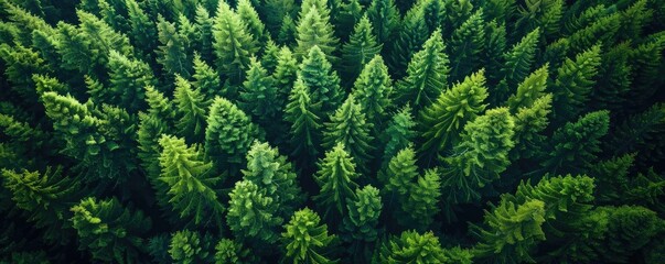 Aerial view of lush green conifer forest with dense pine trees forming a vibrant natural landscape, perfect for nature and wilderness themes.