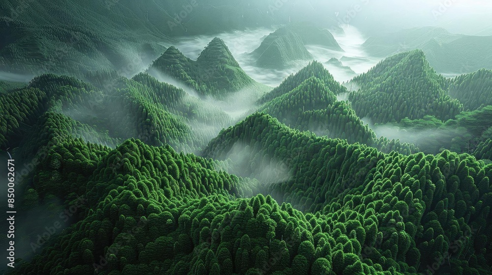 Poster aerial view of lush green mountains covered in mist and low-hanging clouds, creating a serene and my