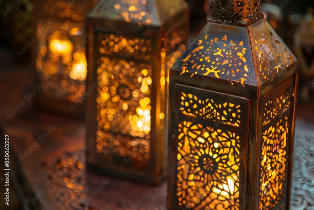 Aufkleber gilded islamic lanterns with filigree patterns, creating a warm and inviting atmosphere.