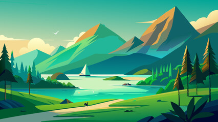 Summer vibe illustration with green mountain and lake 