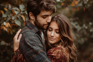 Fototapeta premium Young couple embracing lovingly in a cozy autumn setting, surrounded by colorful leaves, capturing a warm, intimate moment of connection and affection