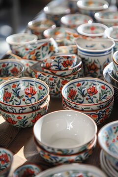 Hand-painted Islamic pottery with floral patterns, adding a touch of artistry to dining tables.