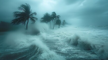 Hurricane force winds bending palm trees, high waves crashing, stormy sky for text Hurricane winds, bent palm trees, extreme weather