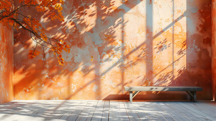 Autumn studio background with leaves shadow overlay on wall empty room with orange concrete texture