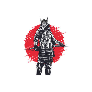 recommend clip art: One single drawing of young Japanese samurai warrior holding katana sword 