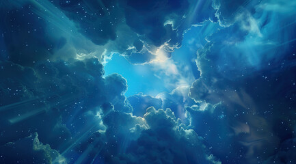 Fototapeta premium Sunbeams Radiating Through Fluffy Clouds