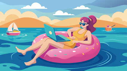 Independent woman in sunglasses floating on a big inflatable pink donut with a laptop in the sea. Rest Lifestyle Concept vector illustration