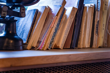 A Row of Vintage Books Resting on a Wooden Shelf