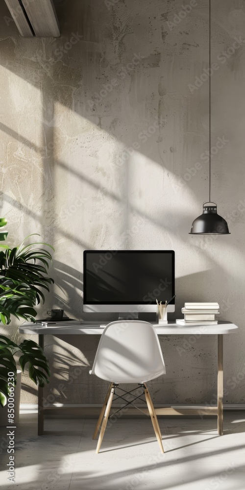 Poster minimal office setup with plenty of blank space for messaging.