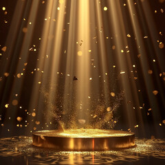 spotlight on stage, fountain in night, gold glitter on the floor with light beams, golden christmas background, golden stars background, background with stars, background with spotlight