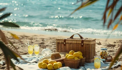 Fototapeta premium picnic at the beach, table on the beach, fruit lemons, bamboo basket suitcase, cocktail, sea water, sunshine, natural light